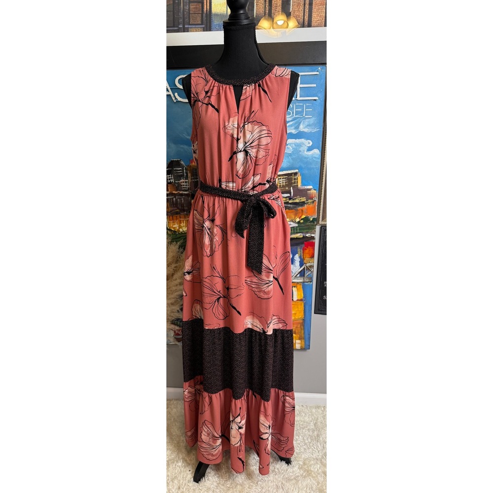 Cottagecore Coral Pink‎ Floral Tiered Boho Maxi Dress Sleeveless Pockets Medium
